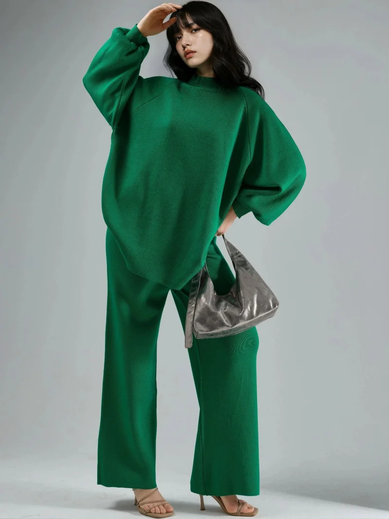 MY FASHION Pine Green MY FASHION Loose Fit Sweater & Pants Knit Co-ord Set for Women | Best Price UAE